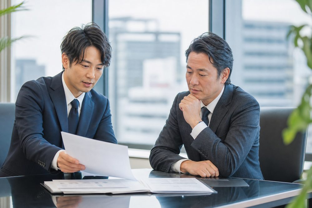 名古屋の明るい会議室で税理士と経営者が財務書類を確認している場面