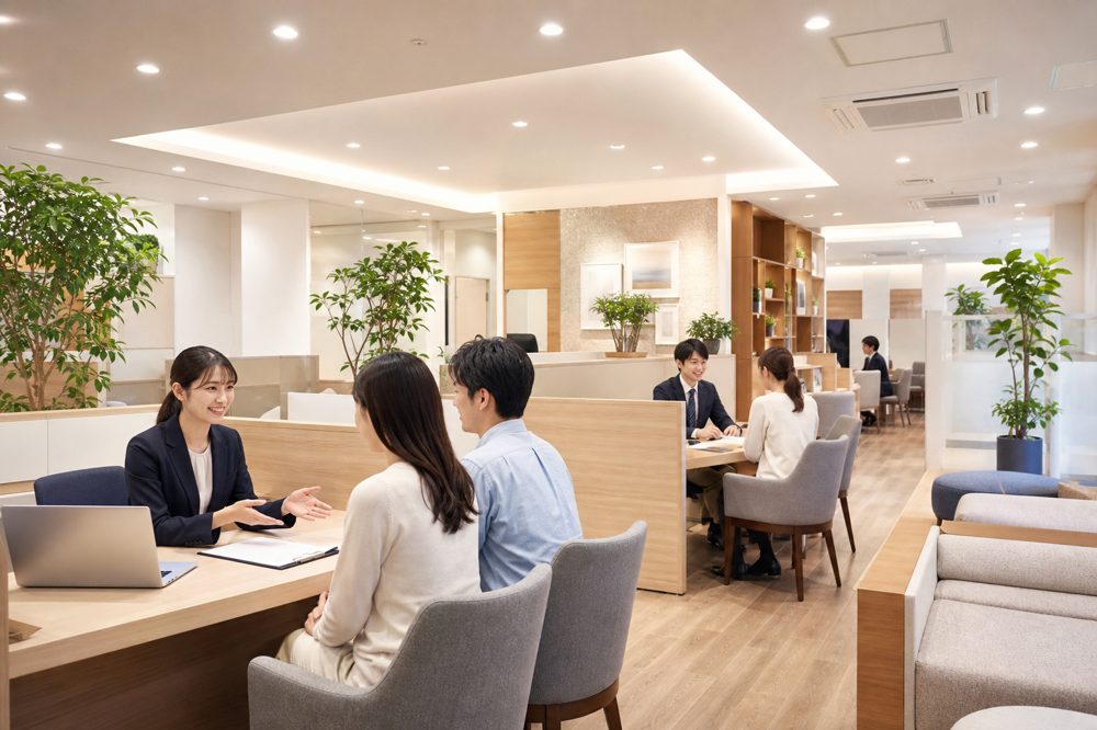 名古屋の保険ショップの明るい店内と相談風景