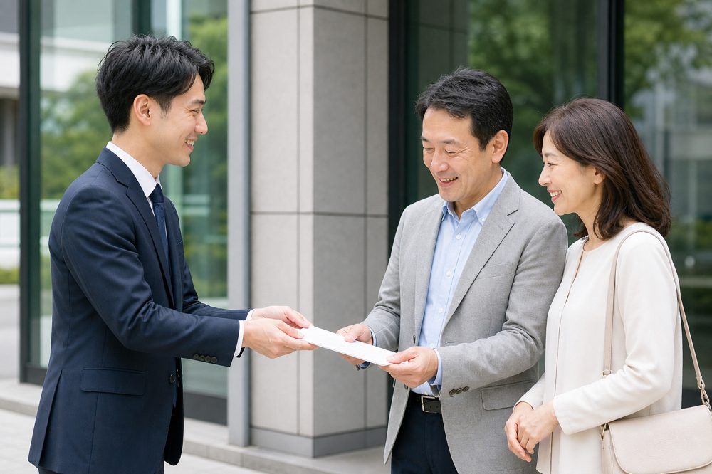 愛知県の保険相談後に満足した笑顔の夫婦とアドバイザー