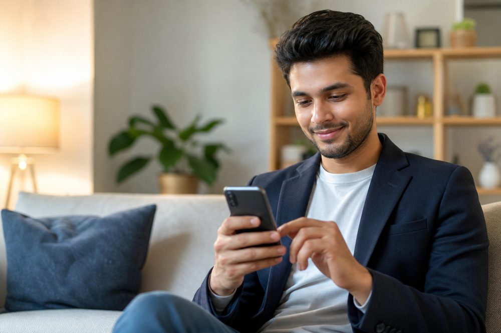 若いプロフェッショナルがスマートフォンで自信を持って求人応募する場面