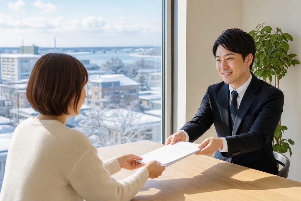 釧路市の不動産会社で売却相談をする様子