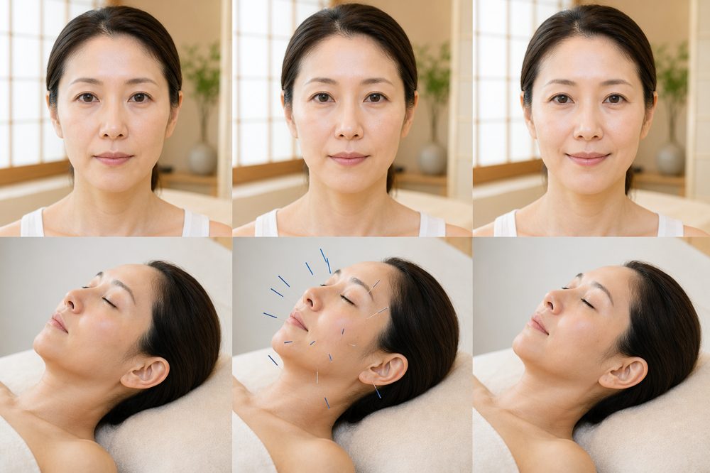 美容鍼施術院の清潔感ある施術室と小顔効果の変化イメージ