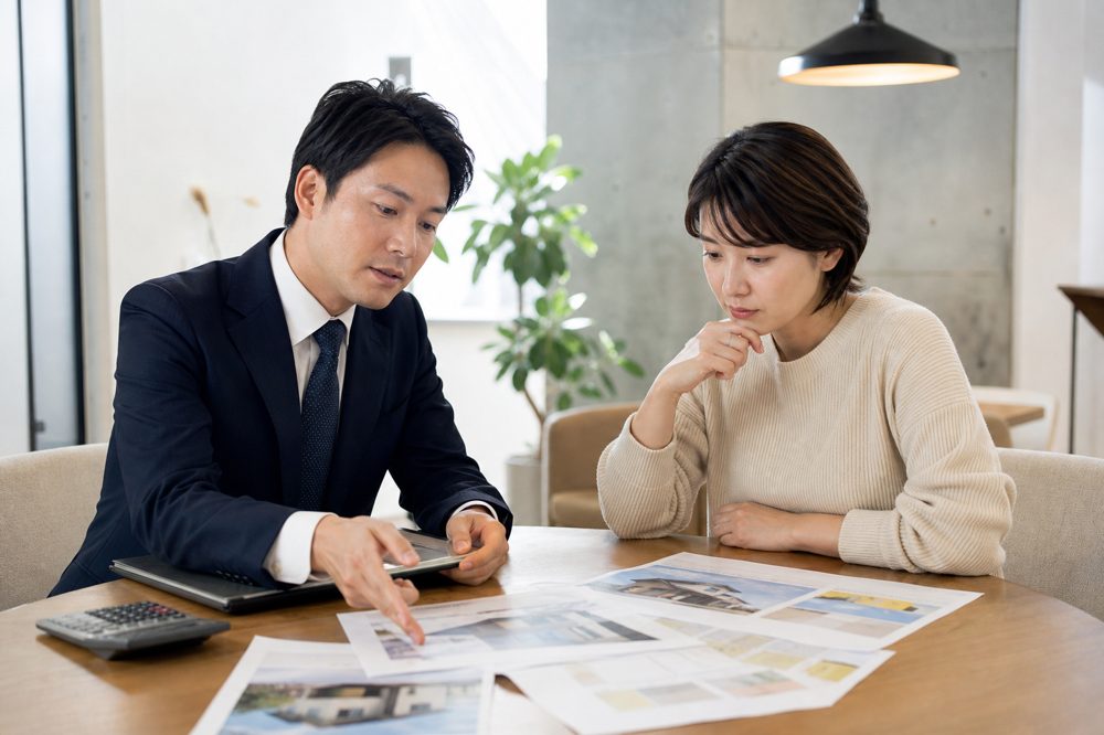解体費用の見積書を確認する不動産業者と土地オーナー