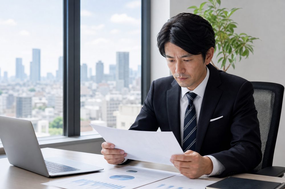 関西の経営者が法人保険の見直し書類を確認している様子