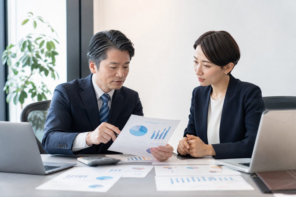 税理士と保険専門家が法人保険の税務書類を検討している場面