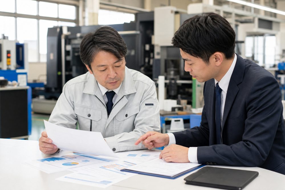 神戸の工場で財務書類と保険書類を確認する中小企業オーナーとコンサルタント