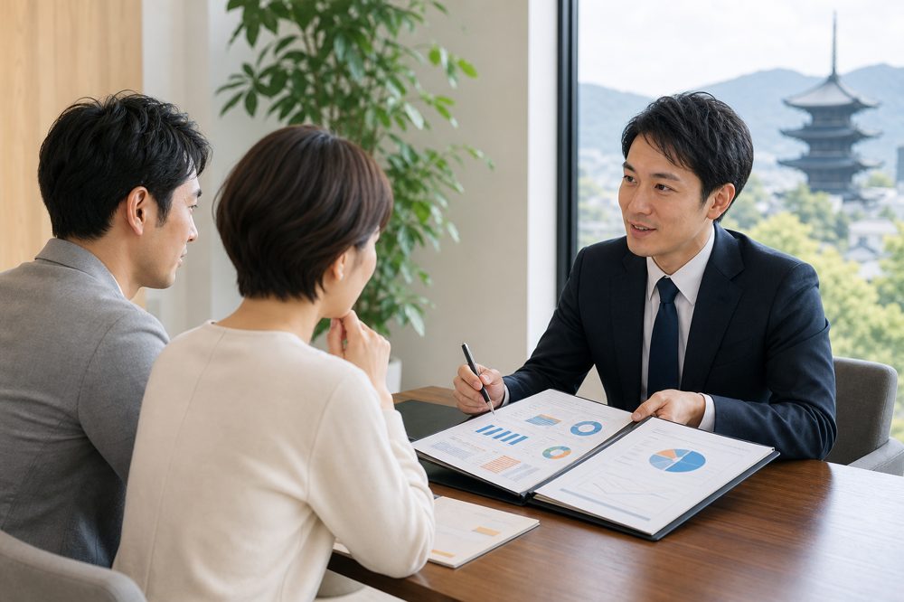 京都の明るいコンサルティングオフィスで保険比較チャートを経営者夫婦に説明するファイナンシャルアドバイザー