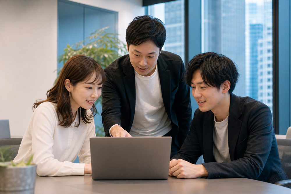 大阪オフィスでAIツールについて話し合う中小企業チーム