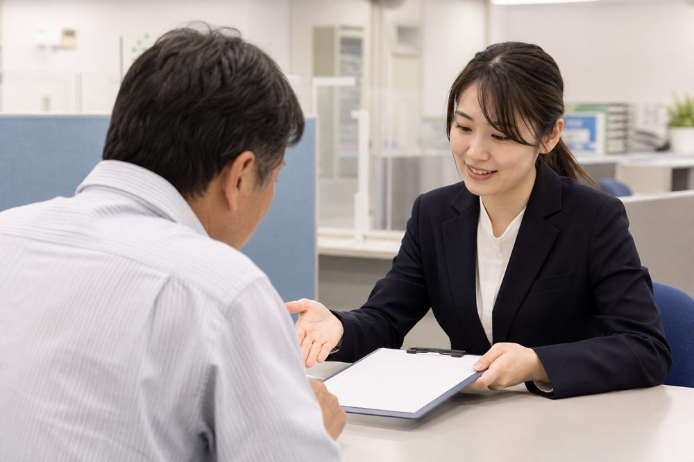 補助金申請書類を一緒に確認する支援担当者と中小企業経営者