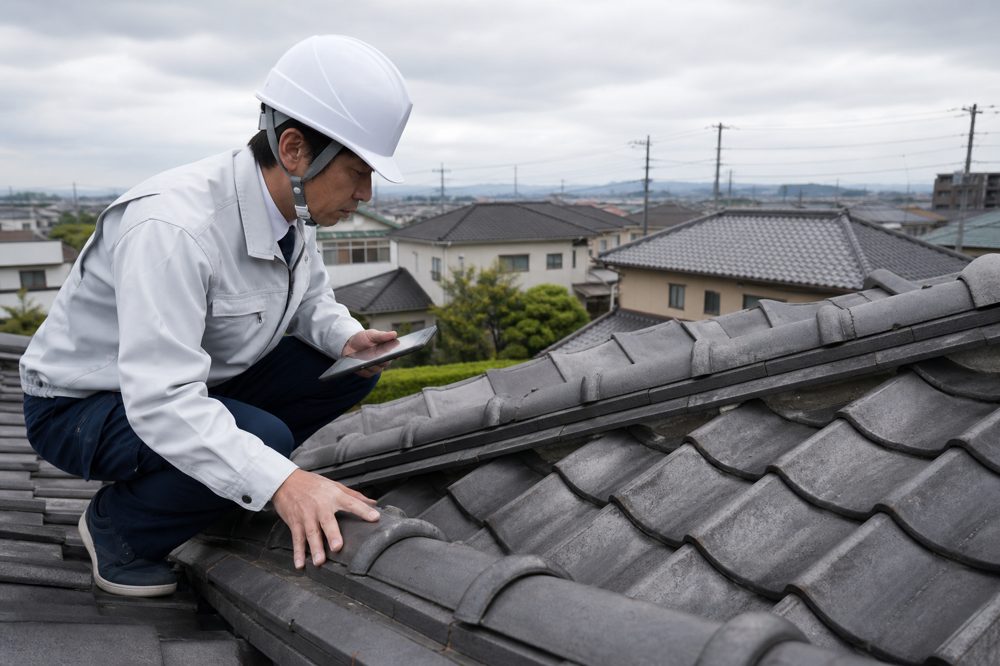 愛知県の住宅屋根を点検する雨漏り修理業者の技術者