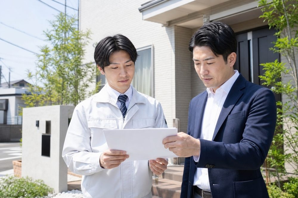 外壁洗浄の見積もりを確認する業者と施主