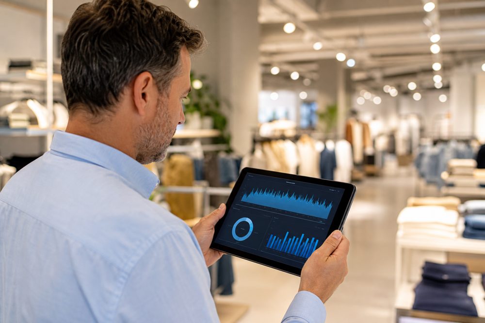 店舗スタッフがタブレットで電力消費データを確認している様子