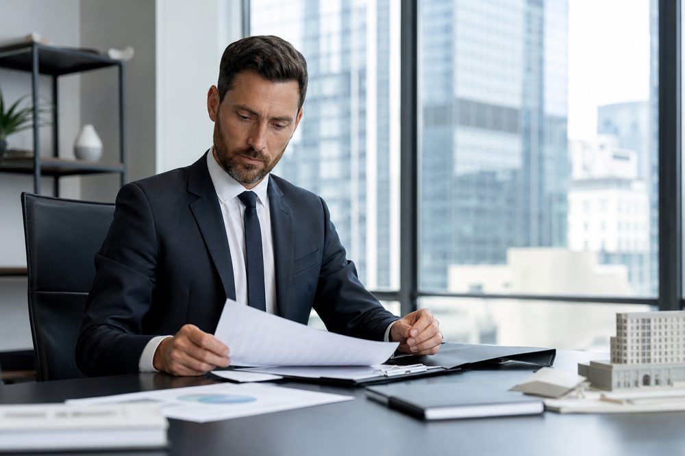不動産管理会社でドキュメントを確認するプロのマネージャー