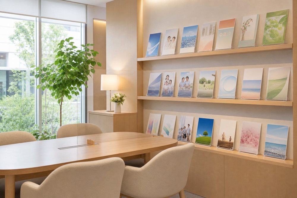日本の保険相談窓口の店内に並ぶ複数の保険会社パンフレット
