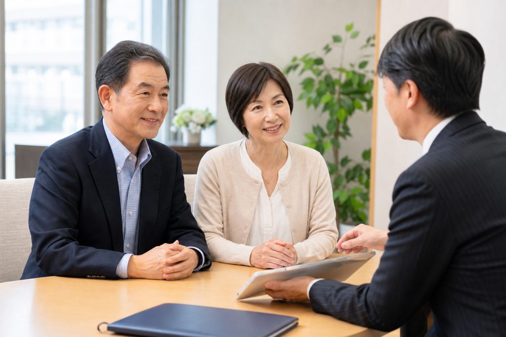 50代の日本人夫婦がファイナンシャルアドバイザーと老後・保険計画を話し合っている様子