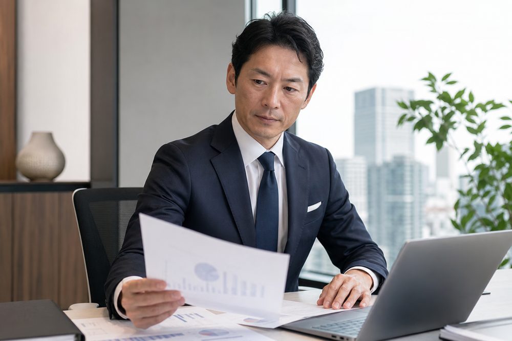 法人保険の見直しを行う経営者のイメージ