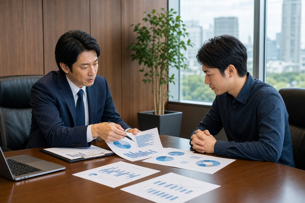 税理士と経営者が法人保険の税務処理について打ち合わせするシーン