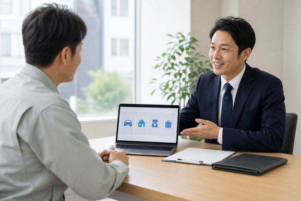 保険ブローカーが経営者に複数の法人保険プランを提案しているシーン