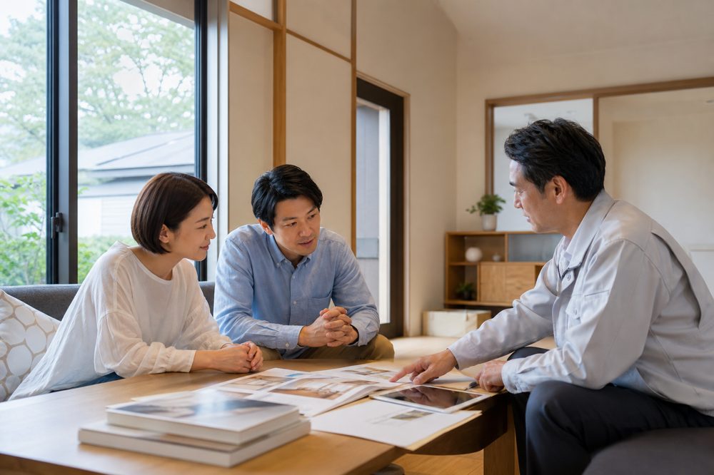 泉州でリフォーム相談をする夫婦と業者のイメージ