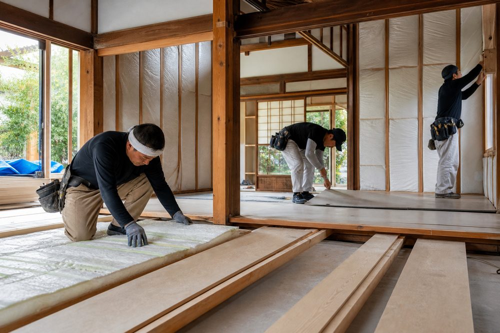 断熱材と新しいフローリングを施工中のリフォーム現場