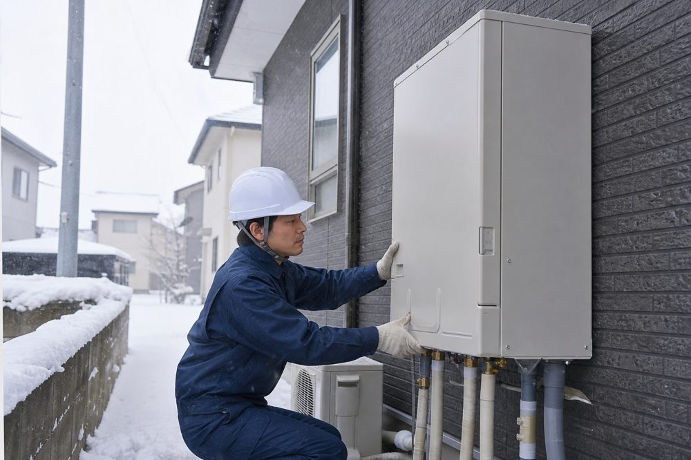 宮城県の住宅にエコキュートを設置する技術者