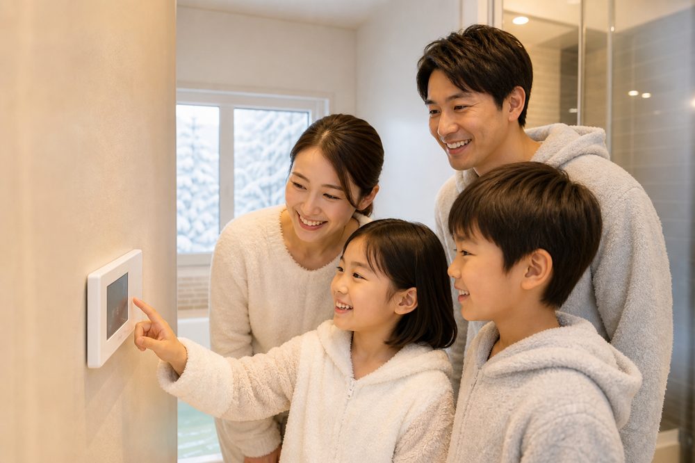 冬の宮城県の住宅で新しく設置されたエコキュートのリモコンを確認する家族