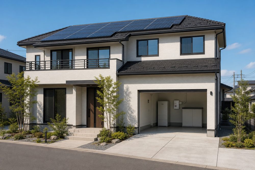 宮城県の一軒家に設置された太陽光パネルと蓄電池