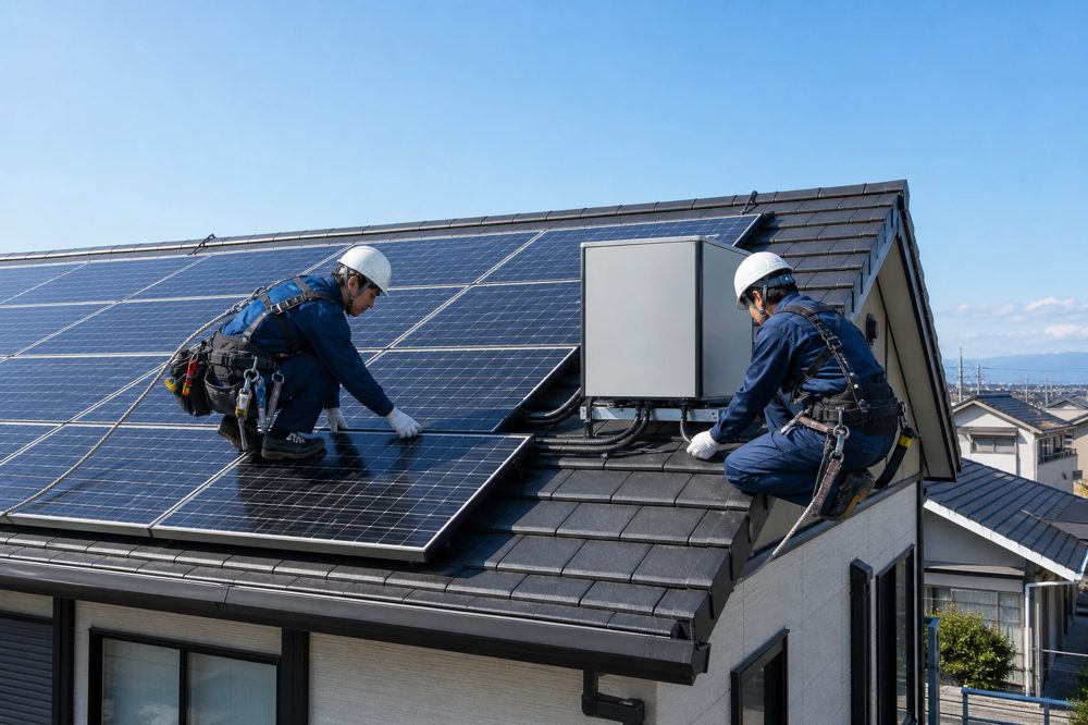 宮城県の住宅で蓄電池と太陽光パネルを設置する工事スタッフ