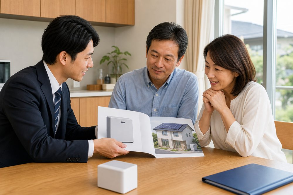 宮城県の家庭で蓄電池の説明をする業者担当者と住宅オーナー夫婦