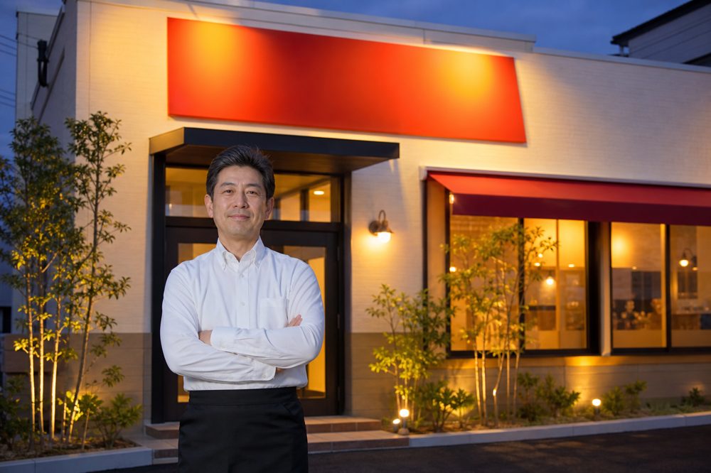 フランチャイズ店オーナーが夕暮れの店舗前で誇らしげに立つ姿