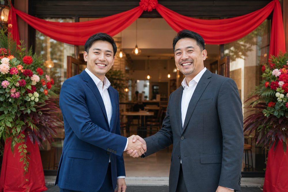 新規飲食店のオープン祝いで握手をする二人のオーナー
