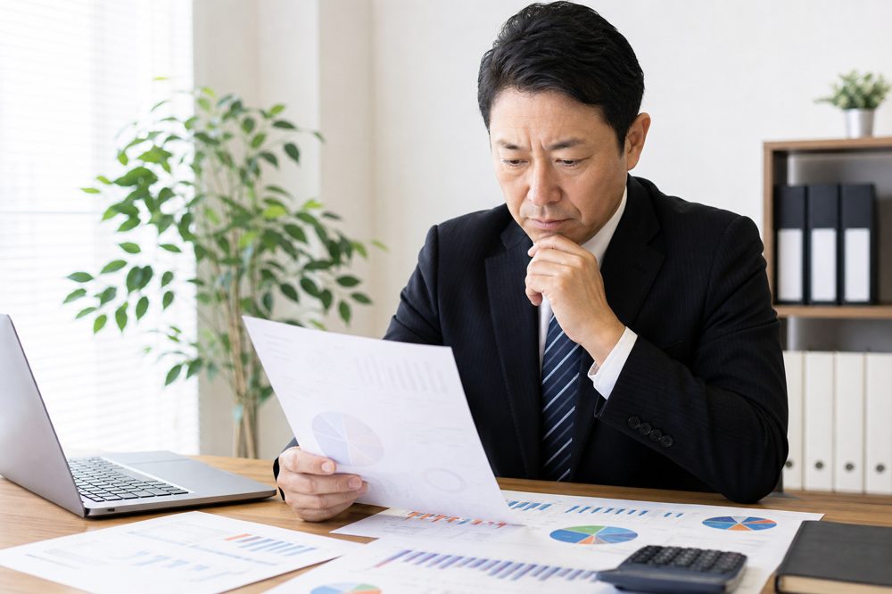 企業担当者が監理費の費用計算書類を確認している場面