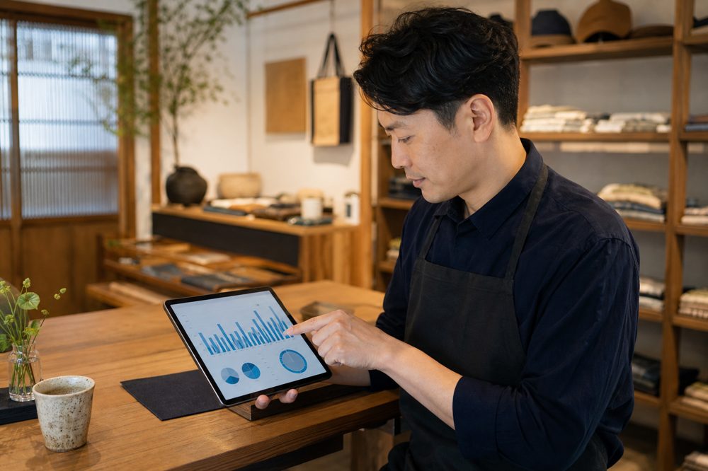 小さな店舗のオーナーがタブレットで来客数グラフを分析している様子