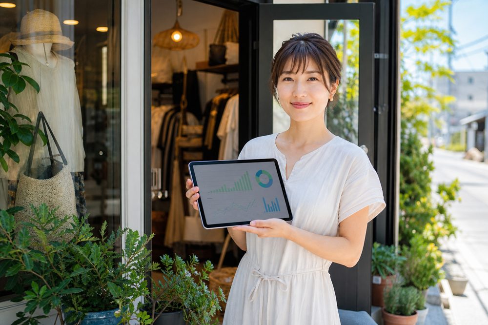 タブレットに分析ダッシュボードを表示しながらブティック店舗前に立つ自信あふれる日本人女性店舗オーナー