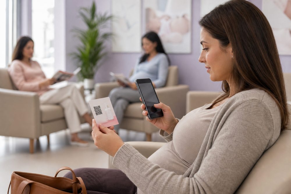 産婦人科の待合室でサンプルカードのQRコードをスマホでスキャンする妊婦
