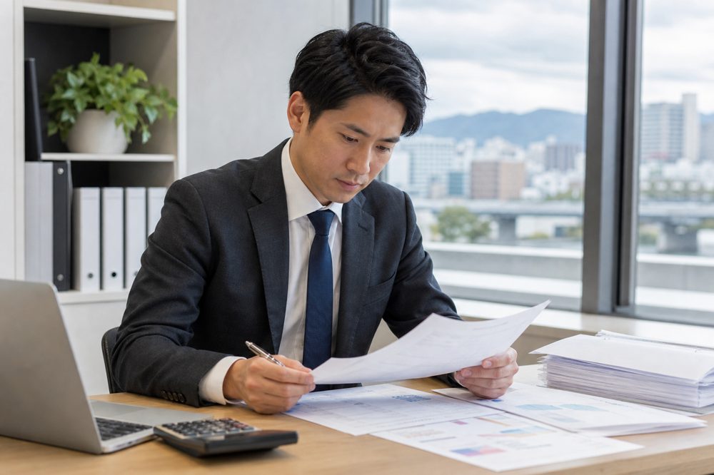 新潟のオフィスで経理書類を確認する税理士