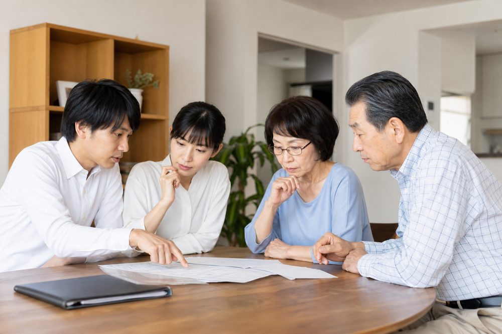 相続不動産について家族で話し合う日本人の様子