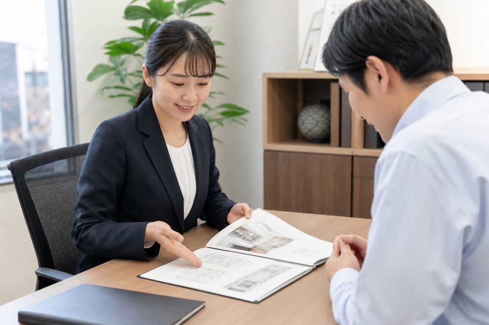 不動産会社のオフィスで売却書類を確認する担当者と相談者
