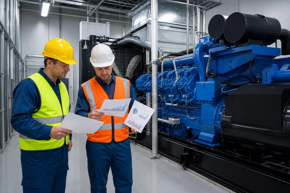 発電機の点検記録書類を確認する技術者たち