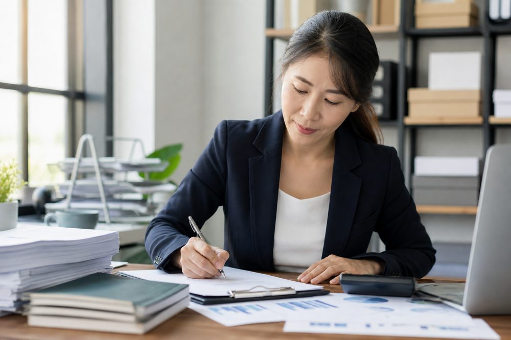 中小企業の経営者が補助金申請書類を記入している様子
