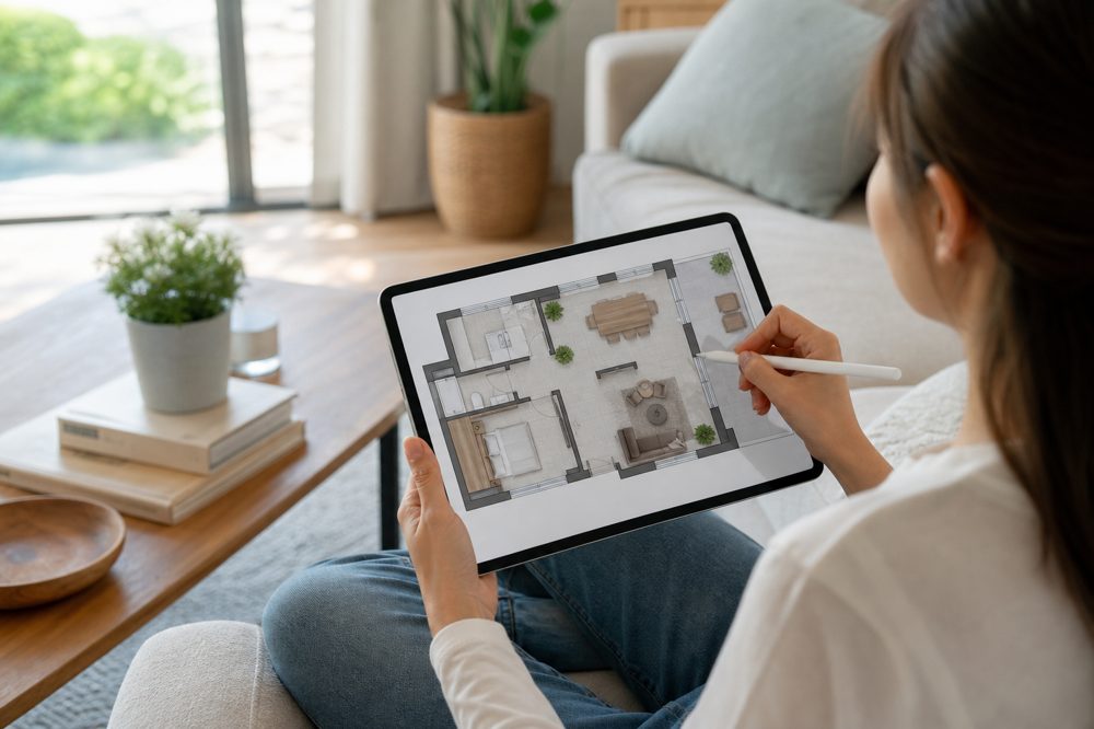 スマートフォンやタブレットで間取りシミュレーションをするイメージ
