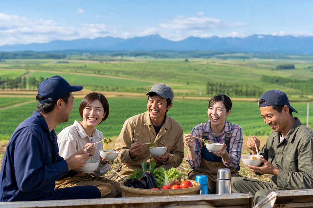 北海道の農業法人で健康的な昼食をとる従業員たち