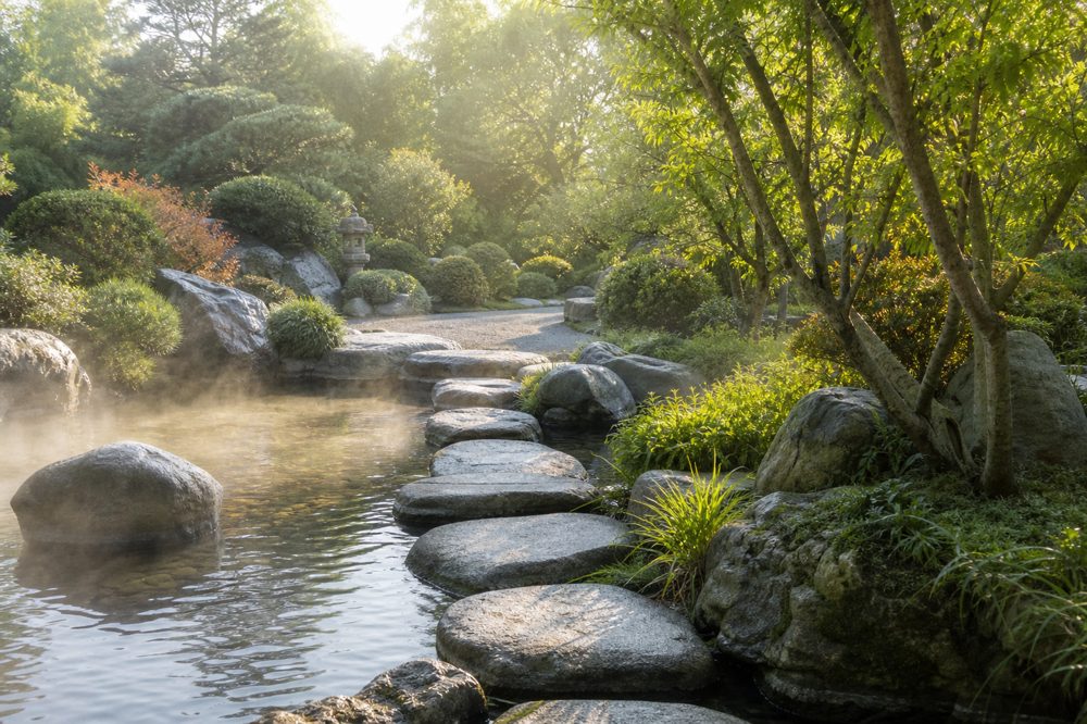 静かな朝の光に包まれた日本庭園の飛び石と緑の苔