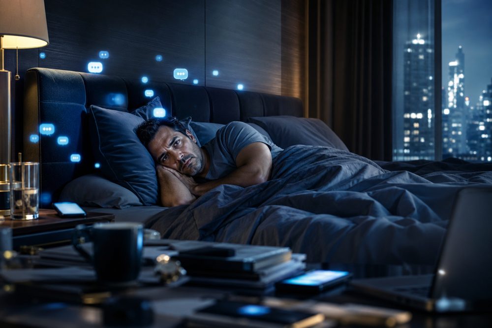 暗い寝室でスマートフォンの通知が光る、睡眠が妨げられている経営者のイメージ