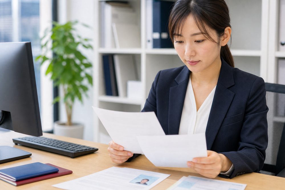 特定技能ビザ申請書類を確認する採用担当者のデスク