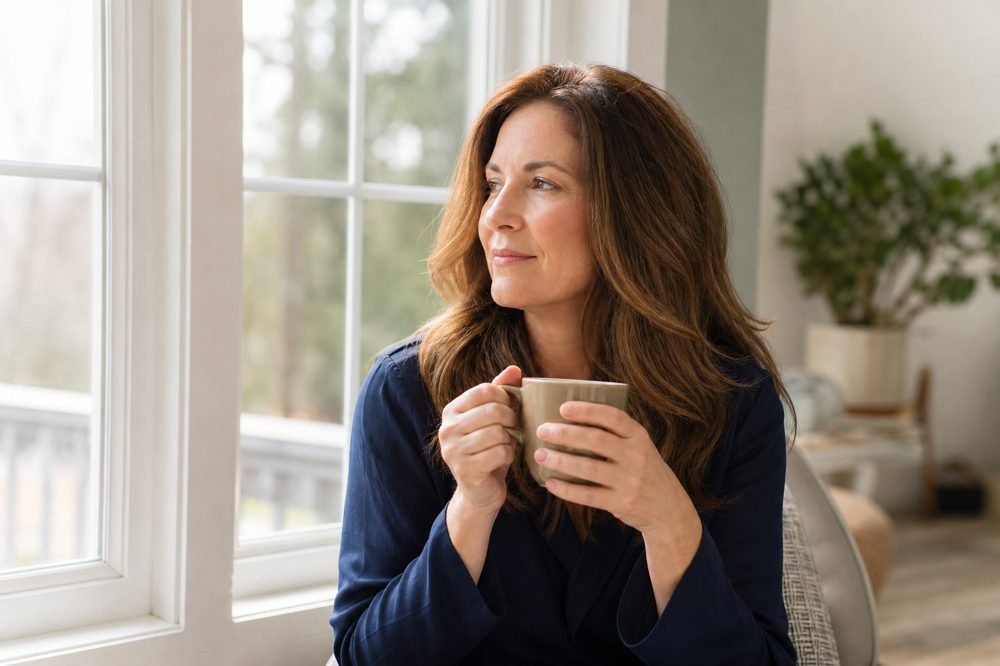 朝の光の中、コーヒーを持ちながら穏やかに前を見つめる40代女性