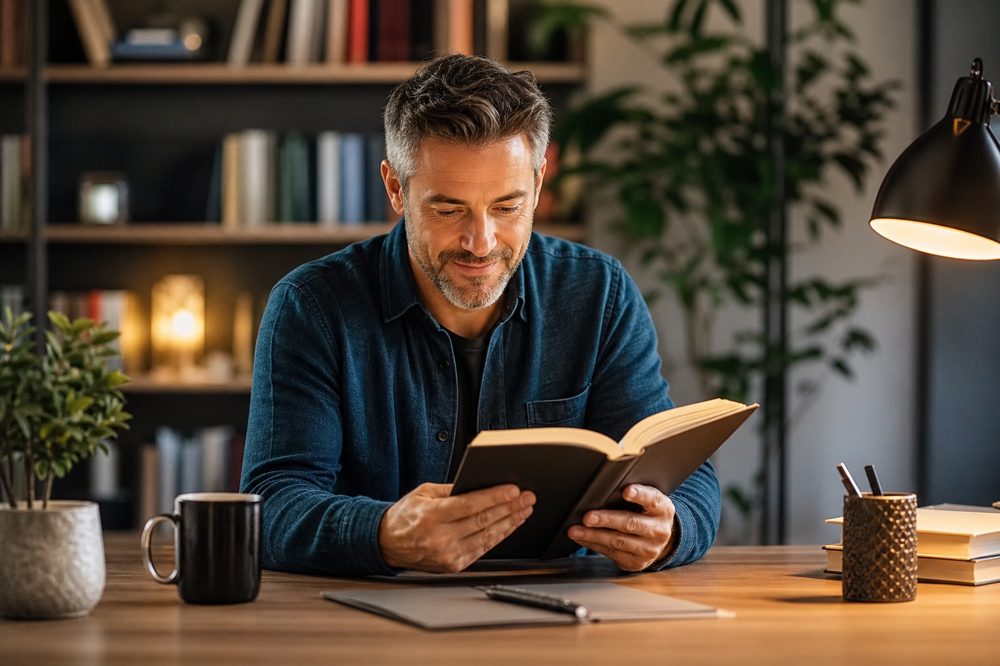 本棚を背景にした温かい雰囲気のデスクで読書する40代の人物、集中した穏やかな表情