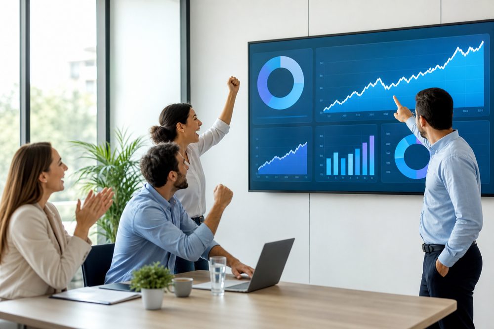 中小企業チームが業績改善のデータを見ながら成果を喜んでいる様子