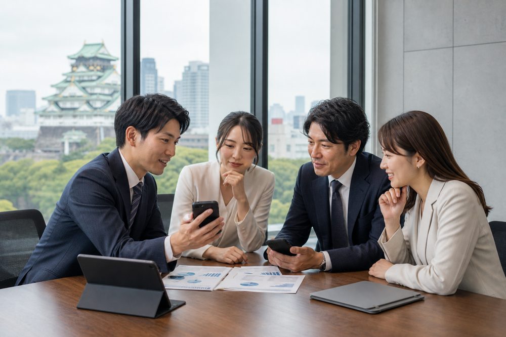 関西の近代的なオフィスでau法人携帯プランを検討するビジネスパーソンたち