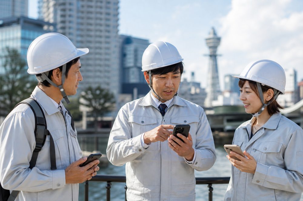 関西の屋外現場でau法人携帯を活用する社員たち